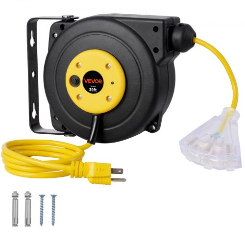 VEVOR Retractable Extension Cord Reel, 30 FT, Heavy Duty 16AWG/3C SJTOW Retractable Power Cord Reel with Lighted Triple Tap Outlet 10 Amp Circuit Breaker 4.5FT Lead-in Cord, for Ceiling or Wall Mount