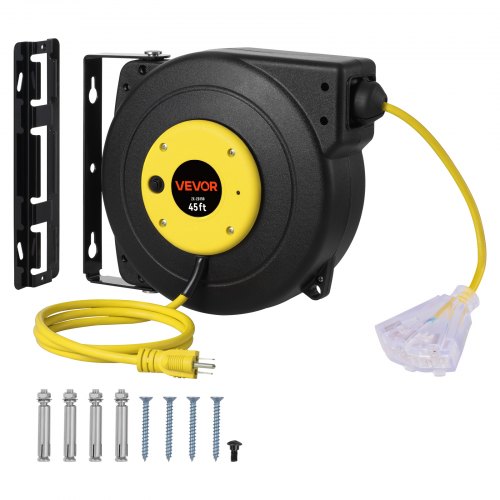 Vevor Retractable Extension Cord Reel, 45 FT, Heavy Duty 12AWG/3C SJTOW Retractable Power Cord with Lighted Triple Tap Outlet, 15 Amp Circuit Breaker 180° Swivel Bracket for Ceiling or Wall Mount