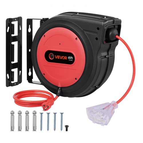 Vevor Retractable Extension Cord Reel, 65 FT, Heavy Duty 12AWG/3C SJTOW Retractable Power Cord with Lighted Triple Tap Outlet, 15 Amp Circuit Breaker 180° Swivel Bracket for Ceiling or Wall Mount