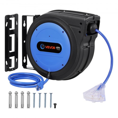 VEVOR Retractable Extension Cord Reel, 65 FT, Heavy Duty 12AWG/3C SJTOW Retractable Power Cord with Lighted Triple Tap Outlet, 15 Amp Circuit Breaker 180° Swivel Bracket for Ceiling or Wall Mount