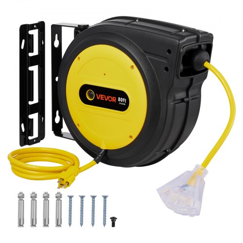 VEVOR Retractable Extension Cord Reel, 80 FT, Heavy Duty 12AWG/3C SJTOW Retractable Power Cord with Lighted Triple Tap Outlet, 15 Amp Circuit Breaker 180° Swivel Bracket for Ceiling or Wall Mount