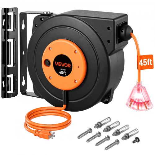 VEVOR Retractable Extension Reel, Heavy Duty 12AWG/3C SJTOW Power Cord 45 FT 12AWG, Black Tested toStandards