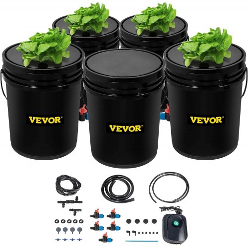 

VEVOR DWC Hydroponic System, 5 Gallon 5 Buckets, Deep Water Culture Growing Bucket, Hydroponics Grow Kit with Pump, Air Stone and Connected Reservoir, for Indoor/Outdoor Leafy Vegetables