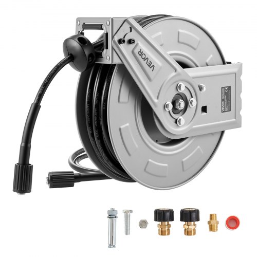 

VEVOR Pressure Washer Hose Reel, 65 ft x 1/4 inch Retractable Power Heavy-Duty Steel Washer Hose Reel, 3200PSI Max, Auto-Rewinding, Flexible Wall/Floor Mounted for Car Washing,Garden,Floor Cleaning