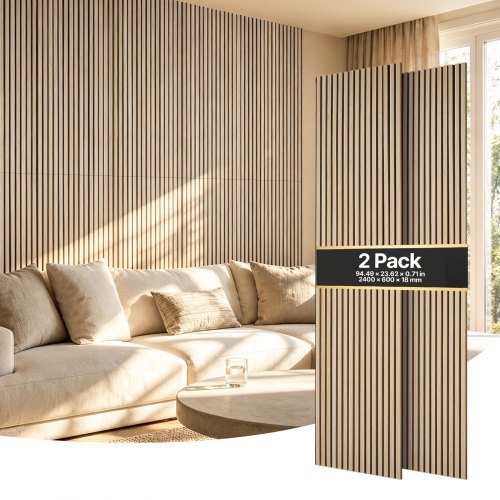 

VEVOR Wood Wall Panels, 94.5 x 23.6 in, Acoustic Slat Panels, Oak Finish, Sound Absorbing for Living Rooms, Bedrooms, Offices, Studios, Interior Wall Decor, MDF & PET Construction, Screw Kit, 2-Pack