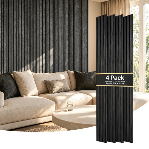 VEVOR Wood Wall Panels, 96.1 x 11 inches, Acoustic Slat Panels, Black Oak, Sound Absorbing for Living Rooms, Bedrooms, Offices, Studios, Interior Wall Decor, MDF & PET Construction, Screw Kit, 4-Pack
