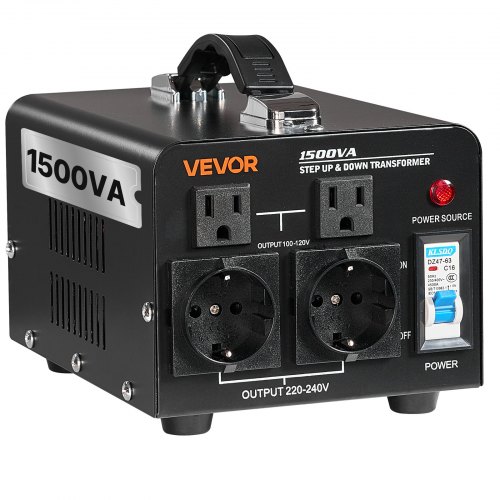 VEVOR Voltage Converter Transformer, 1500VA, Heavy Duty Step Up/Down Power Transformer, Convert from 110V to 220V and 220V to 110V, with US Outlets, EU Outlets, Power Cord, Circuit Breaker Protection