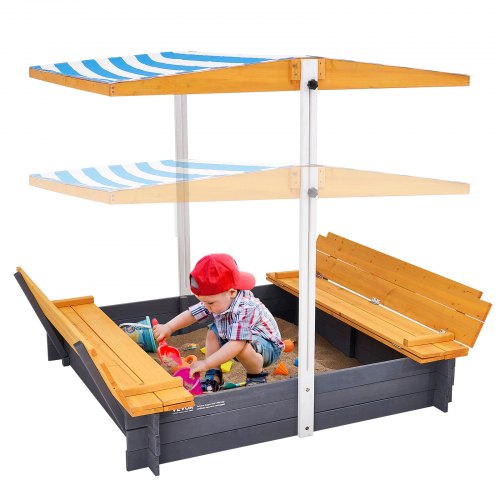 Vevor Wooden Sandbox With Canopy, 57.3 X 47.2 X 47.2 In Sand Box, Sand Pit With Foldable Bench Seats And Bottom Liner, Natural Wood Kids Sandbox For O-image