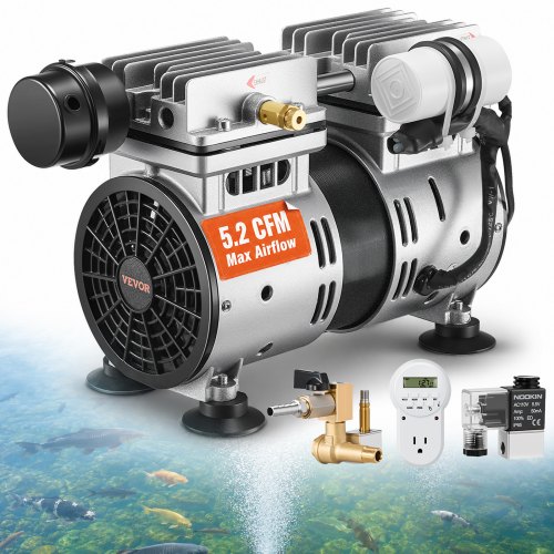 VEVOR Pond Aerator, 550W Power, 5.2CFM for Up to 3 Acre 50' Lake, Pond Aeration Kit Includes 3/4 HP Compressor & Timer & Valves, Air Compressor for De