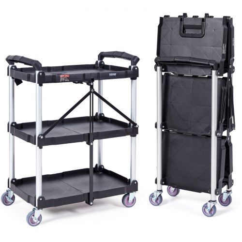 

VEVOR Foldable Utility Service Cart, 3 Shelf 165LBS Heavy Duty Plastic Rolling Cart with Swivel Wheels (2 with Brakes), Ergonomic Handle, Portable Garage Tool Cart for Warehouse Office Home