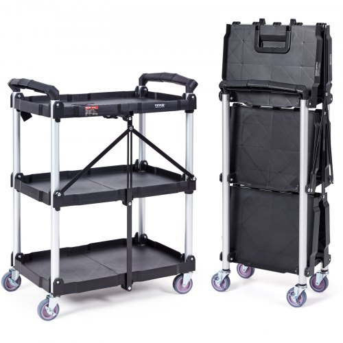 

VEVOR Foldable Utility Service Cart, 3 Shelf 165LBS Heavy Duty Plastic Rolling Cart with Lockable Wheels, Ergonomic Handle, Portable Garage Tool Cart for Warehouse/Office/Home(25.62"x15.43"x32.76")
