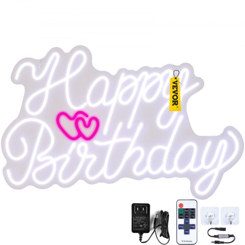 VEVOR Happy Birthday Neon Sign, 28" x 18" LED Neon Lights Signs, Adjustable Brightness with Dimmer Switch and Power Adapter, Reusable for Party, Club, Celebration and Decoration White