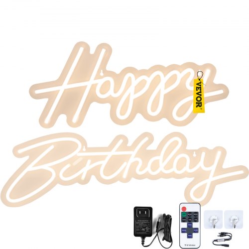 

VEVOR Happy Birthday Neon Sign, 16.5" x 8" + 23" x 8" LED Neon Lights Signs, Adjustable Brightness with Remote Control and Power Adapter, Reusable for Party, Club, Celebration and Decoration Warm