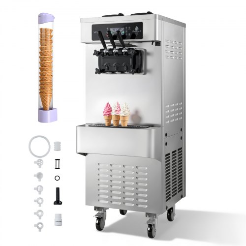 

VEVOR Commercial Ice Cream Machine, 20-28L/H Yield, 2200W 3-Flavor Freestanding Soft Serve Ice Cream Maker with 2 x 6L Hoppers & Built-In Puffing Pump, Pre-Cooling Low-Mix Alert for Snack Dessert Shop