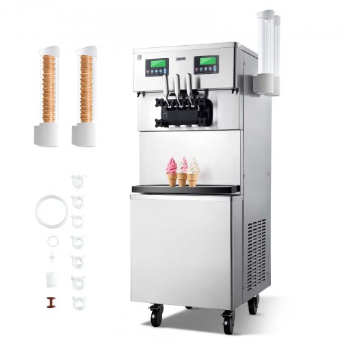 

VEVOR Commercial Ice Cream Machine, 34-44L/H Yield, Dual-Compressor Freestanding Soft Serve Ice Cream Maker with 2*10L Hoppers & 3 Flavors, Pre-Cooling Puffing Low-Mix Alert for Snack Dessert Shops