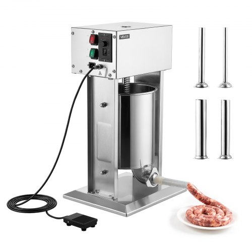 VEVOR Electric Sausage Stuffer 22 lbs Vertical Meat Maker Stainless Steel, for Commercial Use, Stepless Speed Control Meat Stuffer, Sausage Filler Kit, 4 Filling Tubes & Foot Pedal, ETL Approved