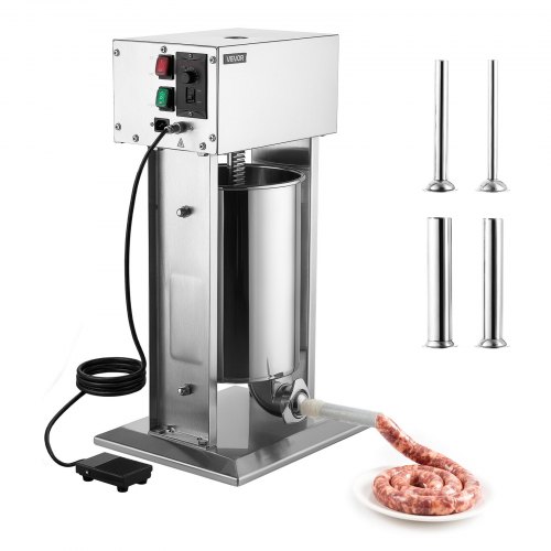 VEVOR Electric Sausage Stuffer 25 lbs Vertical Meat Maker Stainless Steel, for Commercial Use, Stepless Speed Control Meat Stuffer, Sausage Filler Kit, 4 Filling Tubes & Foot Pedal, ETL Approved