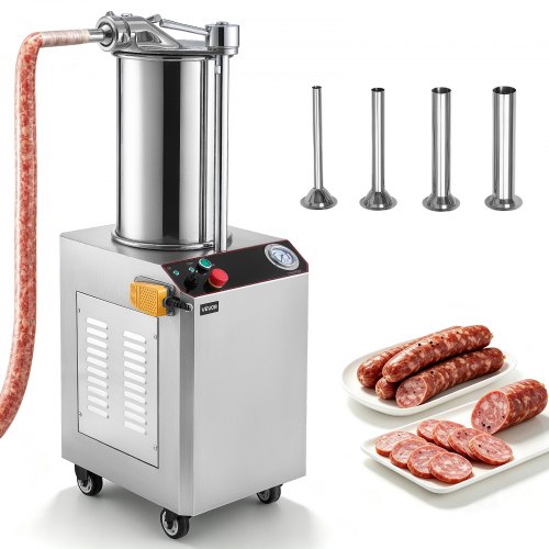 Vevor Hydraulic Automatic Sausage Stuffer 26L Fixed Tank Meat Maker, for Commercial Use, 18L Mixing Meat Capacity, 750W Vertical Meat Stuffer, Stainless Steel Filler Kit, 4 Filling Tubes