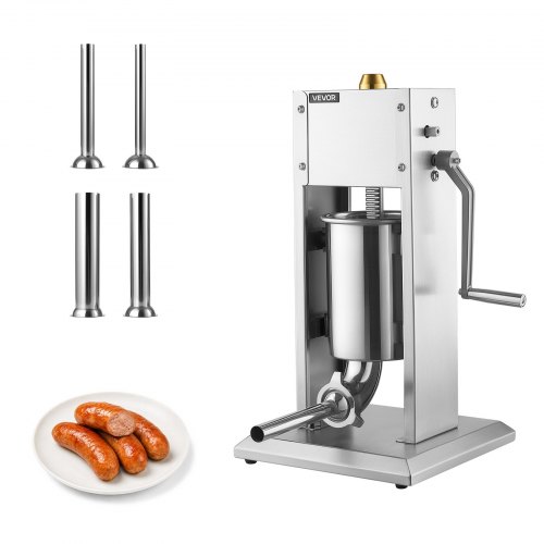 VEVOR Manual Sausage Stuffer 22 lbs/ 10L Vertical Meat Maker Stainless Steel, for Home Camping Outdoor Grill BBQ, Dual-Speed Meat Stuffer, Professional Heavy Duty Sausage Filler Kit, 4 Filling Tubes