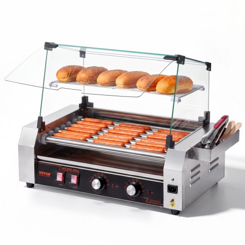 Vevor Hot Dog Roller, 18 Hot Dog 7 Rollers, Stainless Steel Sausage Grill Cooker, 1050W Commercial Hot Dog Machine With Dual Temp Control, Cover, Side-image