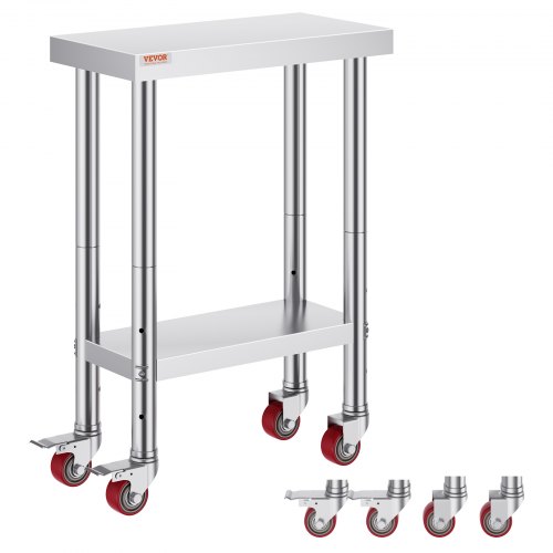 VEVOR Stainless Steel Work Table with Wheels 24 x 12 x 32 Inch Prep Table with 4 Casters Heavy Duty Work Table for Commercial Kitchen Restaurant Busin