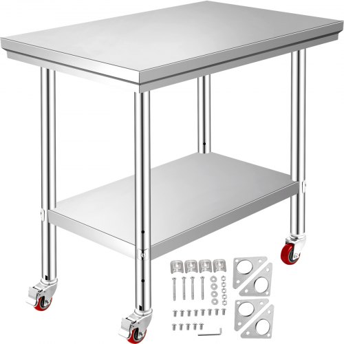 

VEVOR Stainless Steel Work Table 35 x 24 x 33 Inch, 700 LBS Load Capacity with 4 Wheels, 3 Adjustable Height Levels, Heavy Duty Food Prep Worktable for Commercial Kitchen Restaurant, Silver