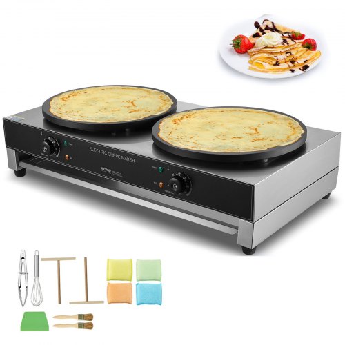 

VEVOR Electric Crepe Maker, 16-Inch Double Head Commercial Crepe Machine, 3400W Flat Plate Crepe Griddle, Nonstick Stainless Steel Pancake Making, Desktop Circular Cereals Pancake Stove, Temp Control