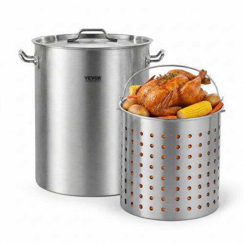 VEVOR Stainless Steel Stockpot, 36 Quart Cooking Pots, Cookware Sauce Pot with Basket, Lid, and Handle, Heavy Duty Commercial Grade Stock Pot, Sanding Treatment, for Steaming Boiling or Frying Silver