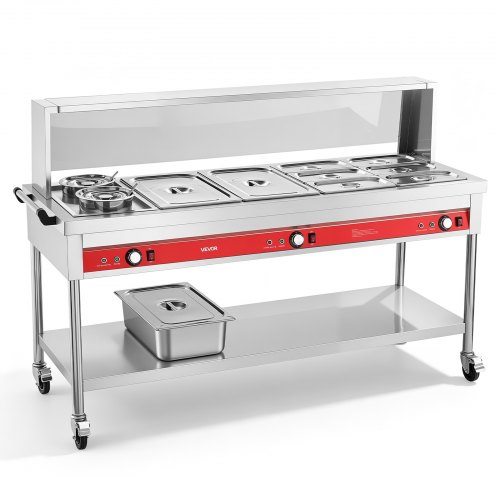 VEVOR Commercial Food Warmer 8 Pans + 2 Pots Electric Steam Table 1800W, for Buffet Restaurant Catering, SUS Server with Additional 1/1 Pan, Independent Temp Control, Acrylic Cover, and Undershelf