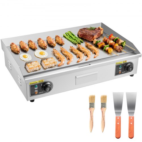 

VEVOR Commercial Electric Griddle, 28.54 x 15.75 inches, 4400W, 122-570°F Adjustable Temp Control, Stainless Steel Body, Half Grooved Half Flat, with 2 Spatulas, 2 Brushes, and 4 Foot Pads, for Steak