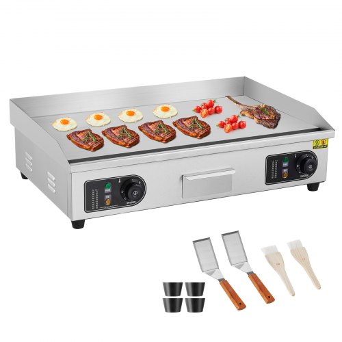 VEVOR Commercial Electric Grill, 725×400mm, 4400W, 50–300°C Adjustable Temperature Control, Stainless Steel (Outer Shell), Commercial Grill Pan, Countertop Grill Pan, Comes with 2 Spatulas and 2 Brushes, Suitable for Steaks and Pancakes (No Plug).