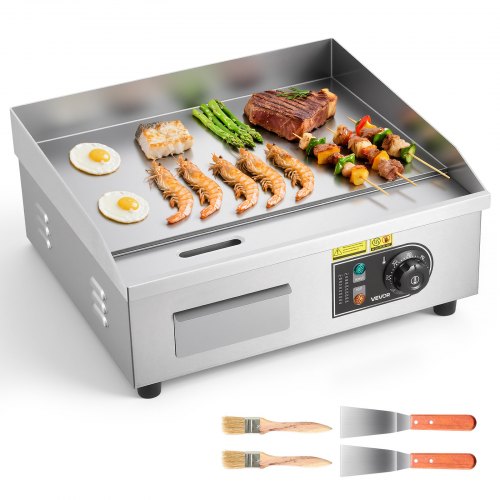 

VEVOR Commercial Electric Griddle, 17.72 x 11.81 inch, 1750W, 122-570°F Adjustable Temp Control, Stainless Steel Countertop Flat Top Grill with 2 Spatulas, 2 Brushes, and 4 Foot Pads, for Steak