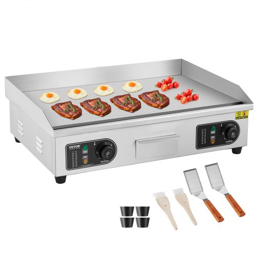 VEVOR Commercial Electric Grill, 655×400mm, 4000W, 50–300°C adjustable temperature control, stainless steel (outer shell), commercial grill pan, countertop flat grill pan, comes with 2 scrapers, 2 brushes and 4 feet, suitable for steaks (no plug).