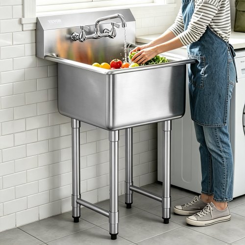 VEVOR Stainless Steel Prep & Utility Sink, 1 Compartment Free Standing Small Sink Include Faucet & legs, 21"x41" Commercial Single Bowl Sinks for Garage, Restaurant, Kitchen, Laundry