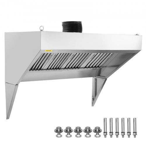 

VEVOR Commercial Exhaust Hood, 9FT Food Truck Hood Exhaust, 201 Stainless Steel Concession Trailer Hood with 4 Detachable U-shaped Grid Oil Filter Mesh, Rust Resistant Vent Hood for Kitchen Restaurant