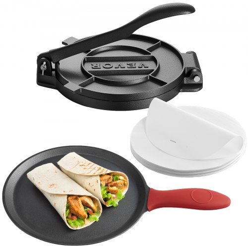 

VEVOR Tortilla Press, 10 Inch Cast Iron Tortilla and Roti Maker, Heavy Duty Tortilladora Press, Pataconera Makers with Handle and 100 Pcs Parchment Paper, Dough Taco Press for Flour Tortilla, Tawa