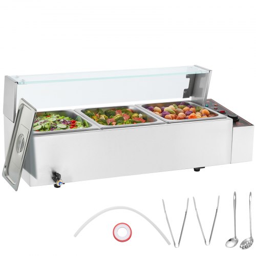 

VEVOR Commercial Electric Food Warmer Countertop Buffet 3*8Qt with Glass Shield