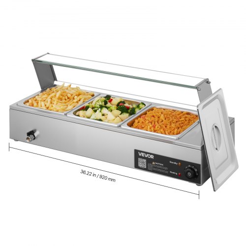 

VEVOR Commercial Food Warmer, 1500W Electric Stainless Steel Steam Food Warmer with Glass Cover, Countertop Buffet Bain Marie with Three 1/2 Size Food Pans, for Catering, Restaurant, Party & Buffets