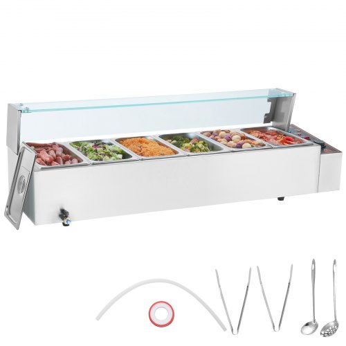 VEVOR Commercial Food Warmer, 1500W Electric Stainless Steel Steam Food Warmer with Glass Cover, 6 x 1/3 Size Pans Buffet Bain Marie with Soup & Perforated Ladles, for Catering, Restaurant & Party