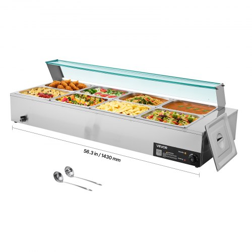 VEVOR Commercial Food Warmer 8-Pan 1700W Buffet Bain Marie with Glass Cover