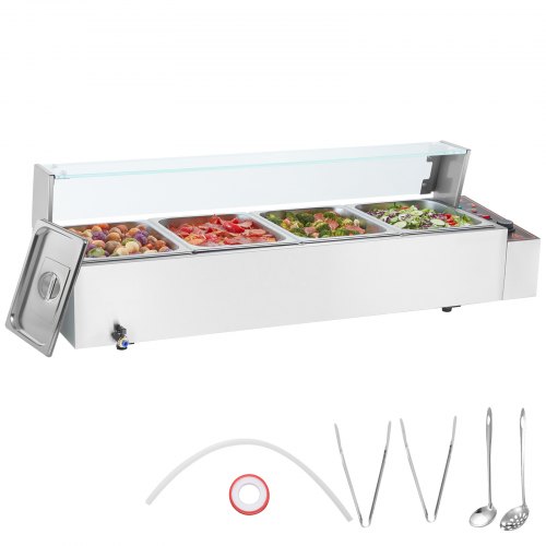 VEVOR Commercial Food Warmer, 1500W Electric Stainless Steel Steam Food Warmer with Glass Cover, 4-Pan Countertop Buffet Bain Marie with Soup & Perforated Ladles, for Catering, Restaurant & Party