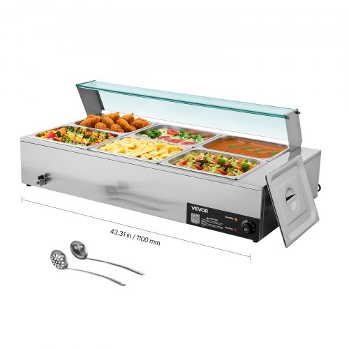 VEVOR Commercial Food Warmer 6 x 1/2 Size Pans Buffet Bain Marie with Glass Cover