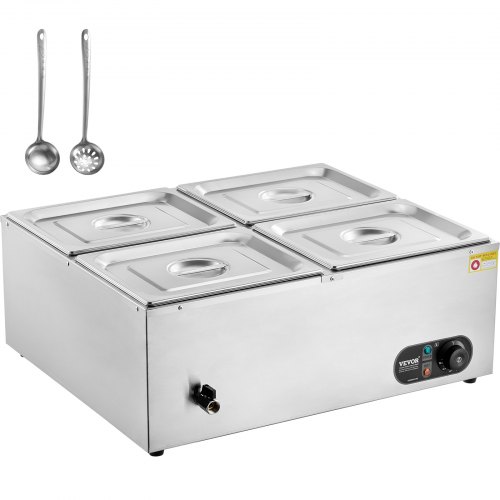 VEVOR Commercial Food Warmer, 1500W Electric Stainless Steel Steam Food Warmer with Lid, 4-Pan Fast Heating Countertop Buffet Bain Marie with Soup & Perforated Ladles, for Catering, Restaurant, Party