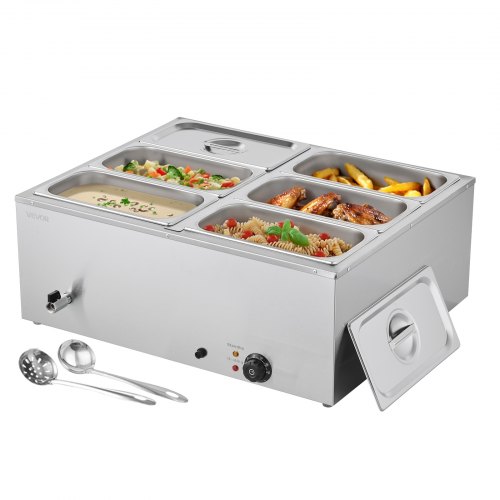 VEVOR Commercial Food Warmer, 1500W Electric Stainless Steel Steam Food Warmer with Lid, 6-Pan Fast Heating Countertop Buffet Bain Marie with Soup & P-image-010923817205