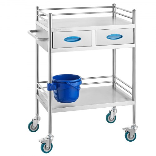 

VEVOR Lab Serving Cart, 2 Layers Stainless Steel Utility Rolling Cart, Medical Cart with Two Drawers, Dental Utility Cart with Lockable Wheels and A Bucket, for Laboratory, Hospital, Dental Use