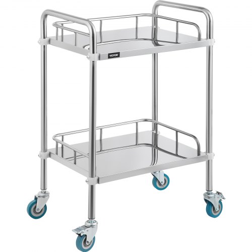 Medical Trolley Mobile Rolling Serving Cart W/ 2 Tiers Stainless Brake Wheels