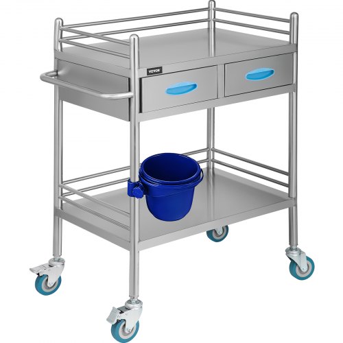 VEVOR 2-Layer Lab Medical Cart with 2 Drawer Stainless Steel Rolling Cart Dirt Bucket for Storage Lab Medical Equipment Cart Trolley for Lab Hospital Clinics Max Load 80kg