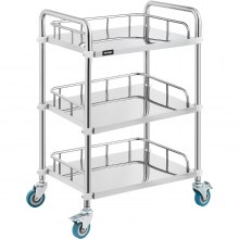 Medical Trolley Mobile Rolling Serving Cart w/ 3 Tiers Stainless Brake Wheels