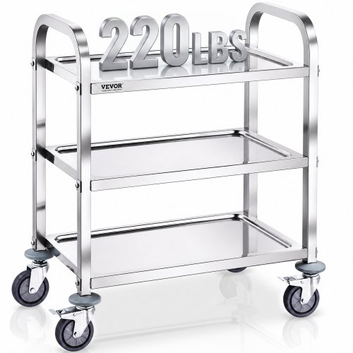VEVOR Laborwagen Gerätewagen Medizintechnik Servierwagen 201 Edelstahl Tragbar Abräumwagen 100 kg Tragfähigkeit, 740 x 396 x 860 mm Labor Rollwagen Medical Trolley Dreifach-Design Silber