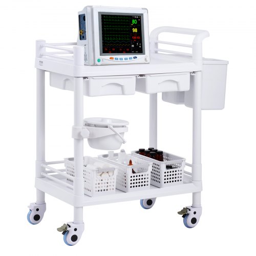 

VEVOR 2 Tiers Lab Carts Mobile Medical Cart 2 Trays 2 Drawers 3 Trash Cans White